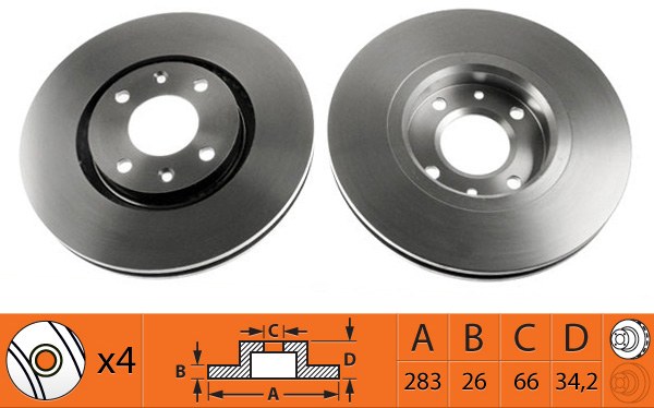 Диск тормозной передний CITROEN BERLINGO (+ESP)/C3/C4/C5/ PEUGEOT 207/307/308 BR42104T