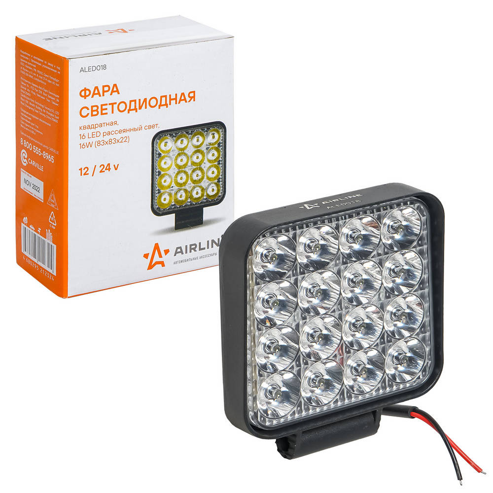 Фара светодиодная квадратная, 16 LED рассеяный свет, 16W, (83х83х22) 12/24V